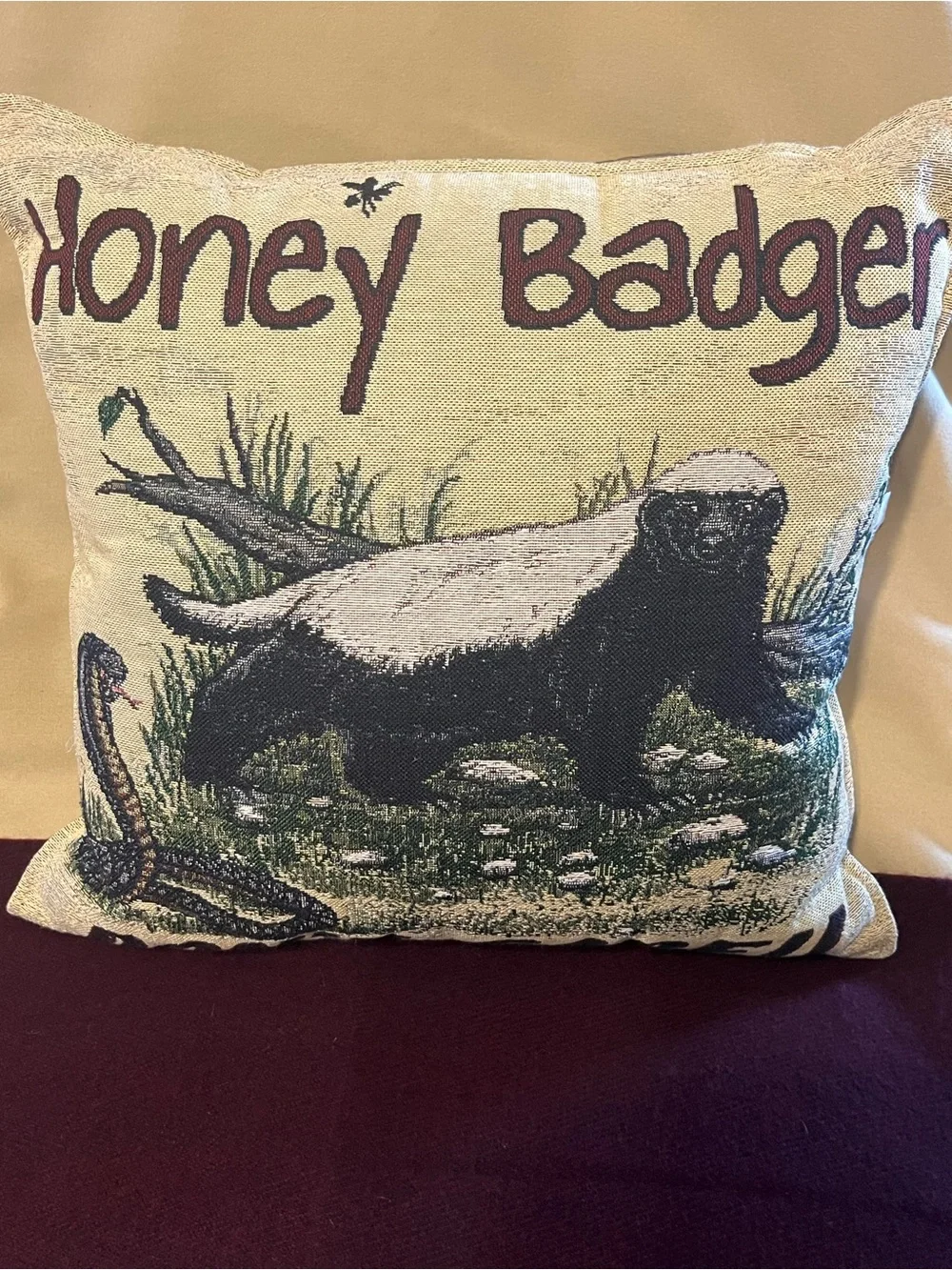 Simply Home Throw Pillow. w/Honey Badger & Cobra. 18” x 18” whimsical for inside